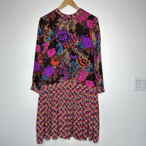 Floral Drop Waist Dress Size M Colorful Check Long Sleeve Silky Boho‎ Art